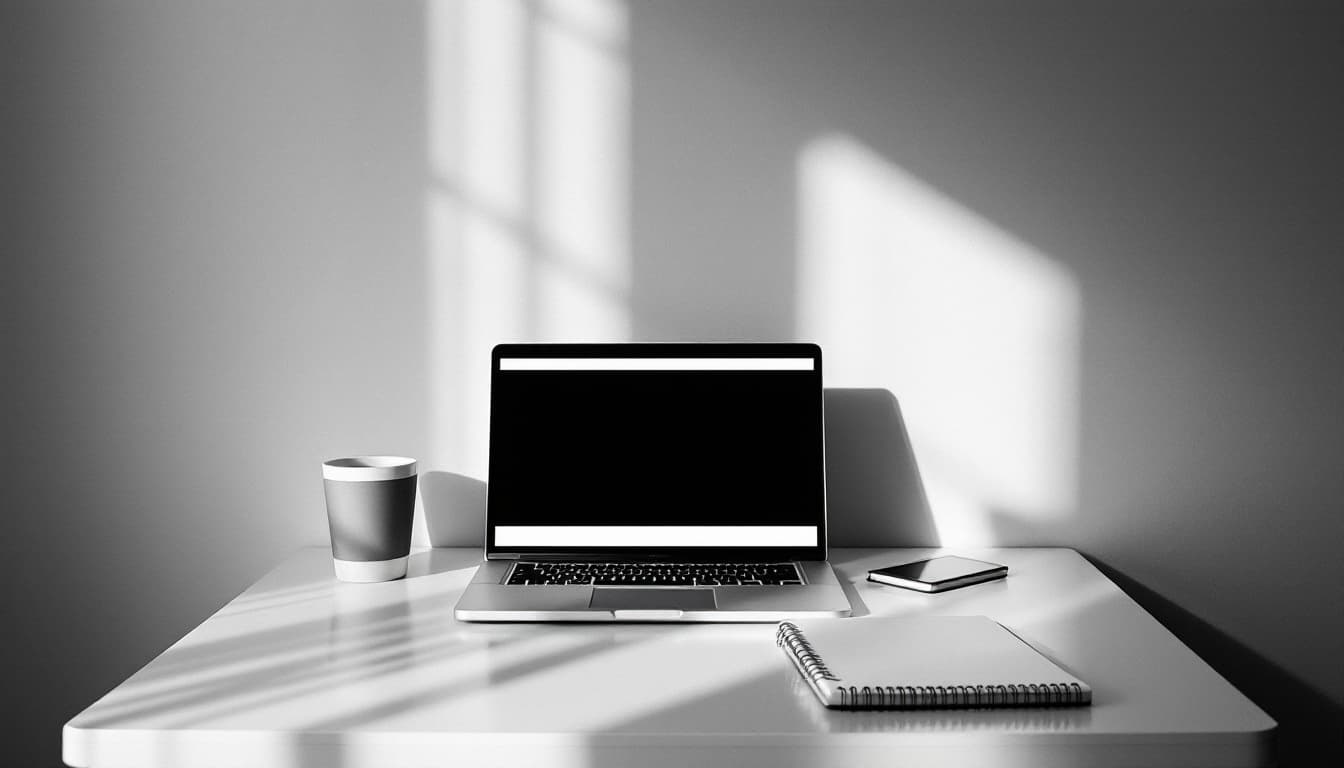 A desk with a closed laptop and a notebook